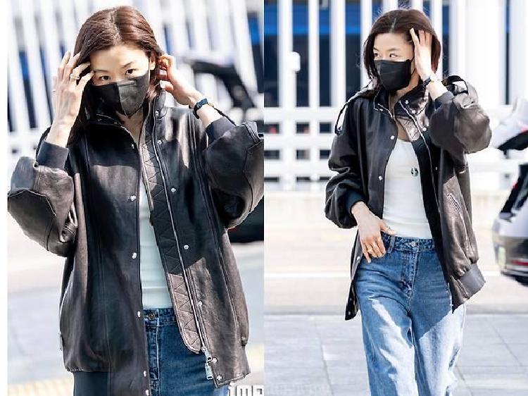 전지현 공항 데님·가죽자켓